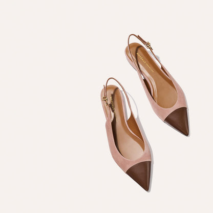 The Elise by margaux-development: Dusty Rose Suede & Chocolate Nappa pointed-toe slingback flats with flexible leather soles and gold buckles, shown on a light background.