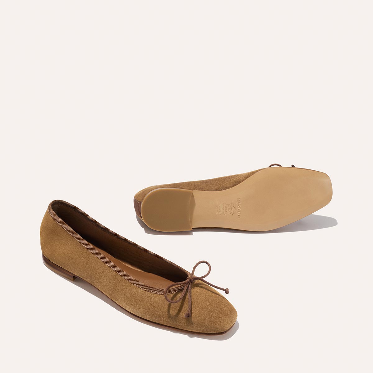 Margaux’s The Fonteyn - Cedar Suede ballet flats in chic brown suede, featuring a square toe, a small bow on the vamp, and a comfort-first flat sole.