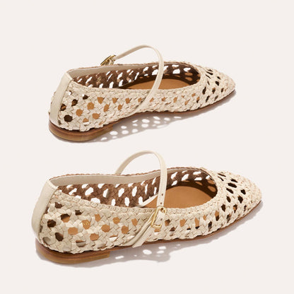 The Fonteyn Jane - Ecru Woven Leather by Margaux: cream-colored handwoven leather flats with pointed toes, cutout design, adjustable buckled ankle strap, low brown sole, and a light airy look.