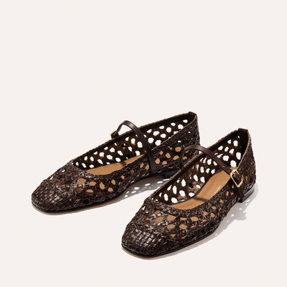 The Fonteyn Jane - Espresso Woven Leather flats by Margaux feature handwoven brown leather, cut-out details, and an adjustable strap, shown on a light background.