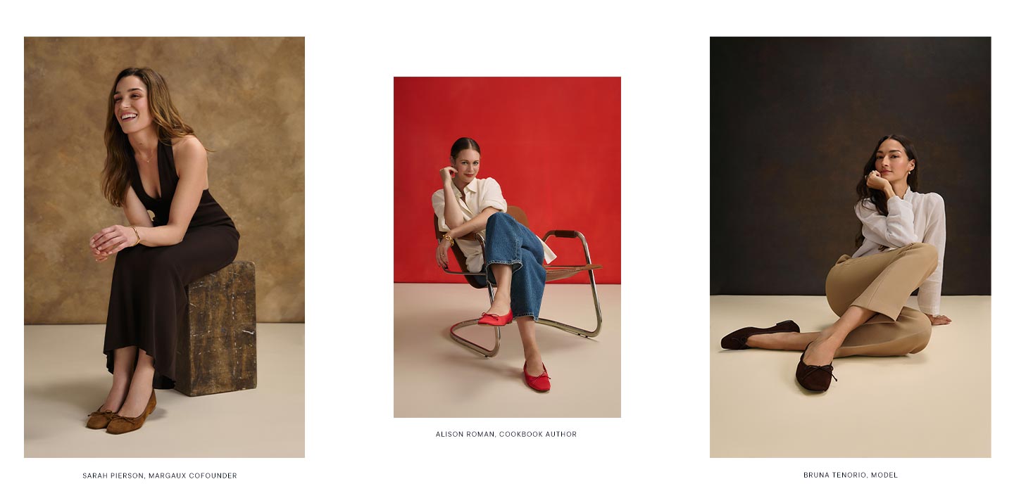 Three women sit separately against different backgrounds, each wearing stylish flats. The left woman sits on a stool smiling, the center woman sits on a chair crossing her legs, and the right woman sits on the floor thoughtfully.