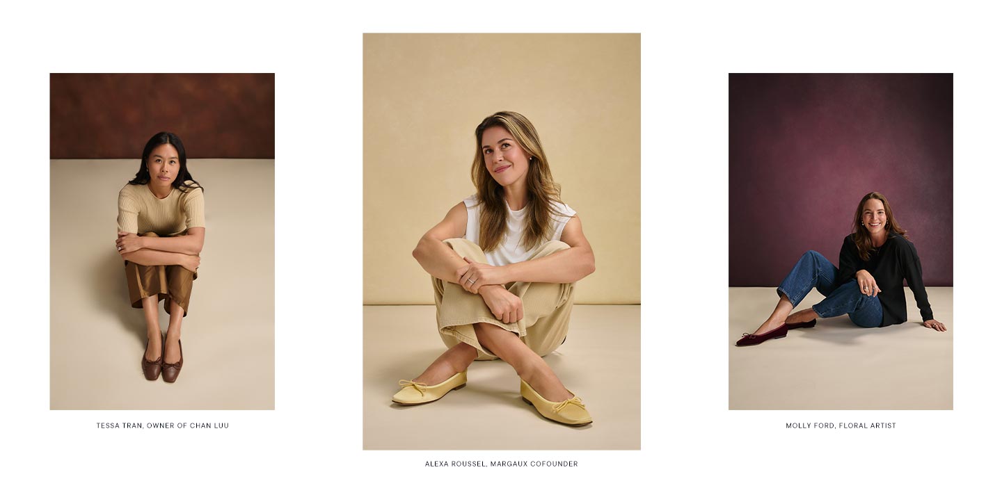 Three women sit cross-legged, each in their own frame: Tessa Tran (left) in a brown outfit, Alexa Russel (center) in a white top and beige pants, and Molly Ford (right) in a black top and jeans.