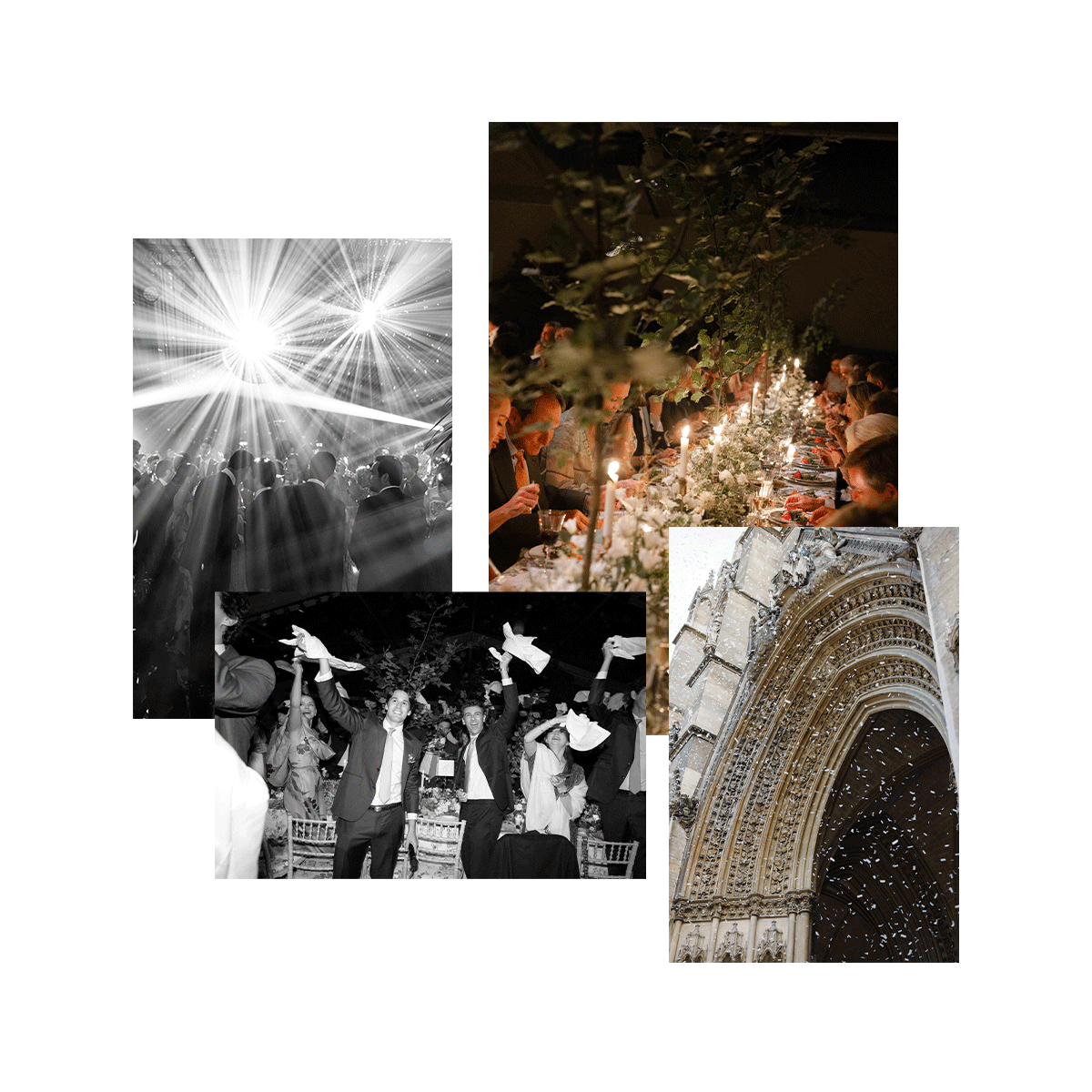 A collage of images Margaux cofounder Alexa Buckley Roussel's wedding reception in Paris