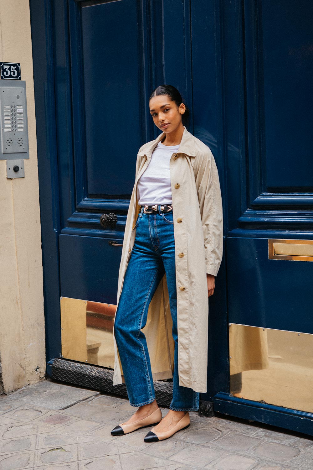 The Pointe in Dune Nappa with a classic black cap-toe detail