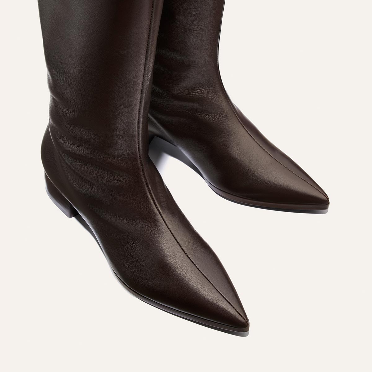 Dark brown leather pointed-toe boots with low block heels, shown on a light cream background.