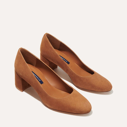 The Heel in Chestnut Suede, a classic block heel featuring a sleek almond toe design complemented by a comfortable 2.5-inch heel.