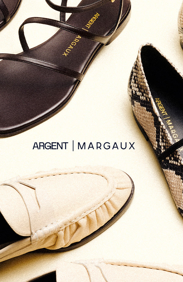 Flat lay of three pairs of women’s shoes—black sandals, cream loafers, and snakeskin-patterned flats—surrounding the text ARGENT | MARGAUX on a light background.