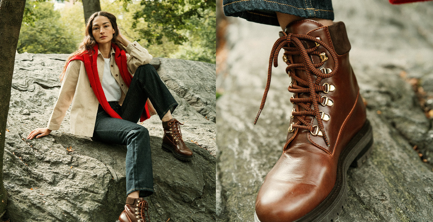 Woman wearing brown hiking boots in a park