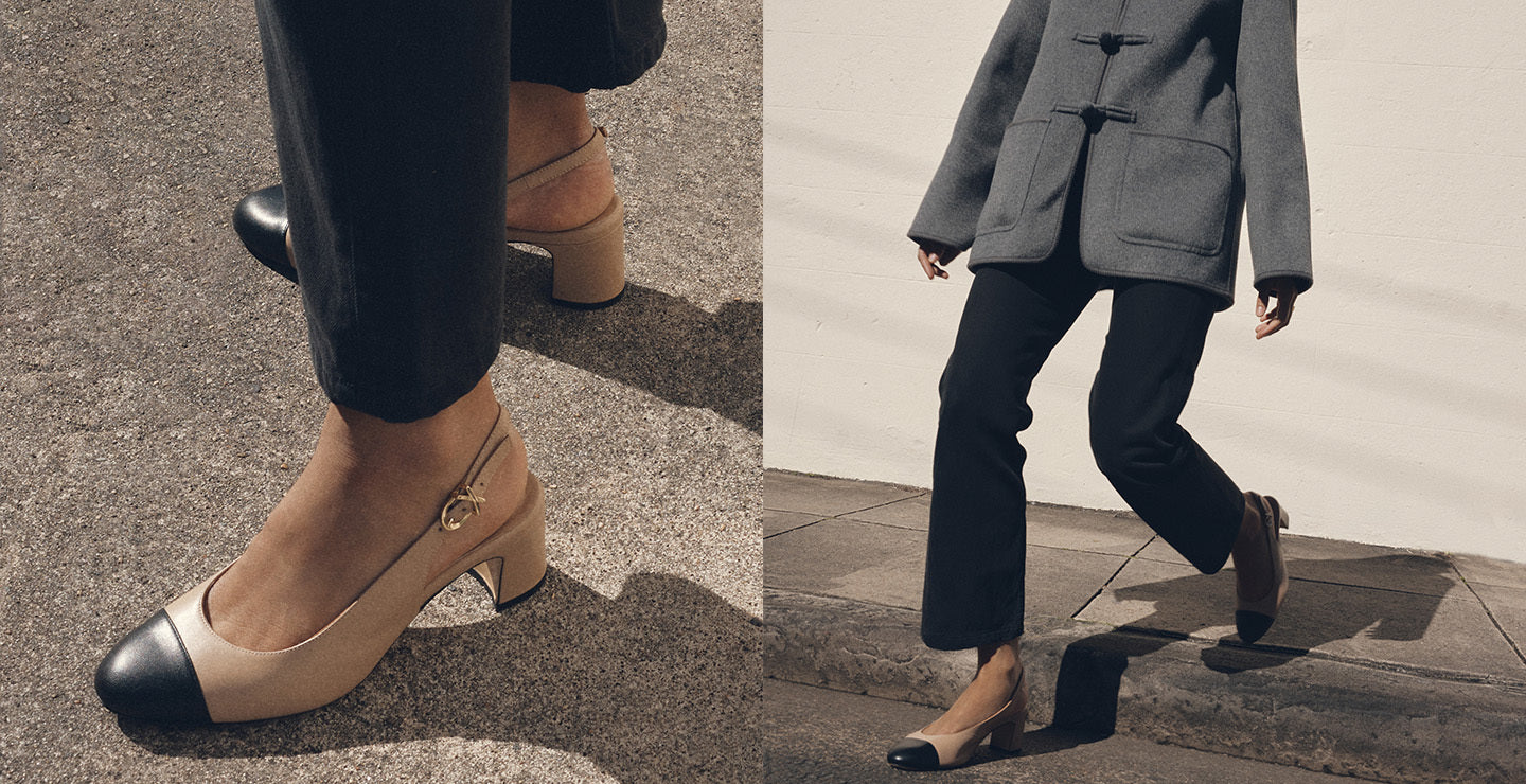 Woman wearing cap toe cluny slingback shoes