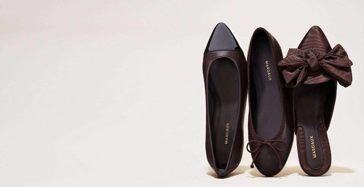 The Pointe in Espresso Cap-toe, The Demi in Espresso Nappa and The Mule in Espresso Moire