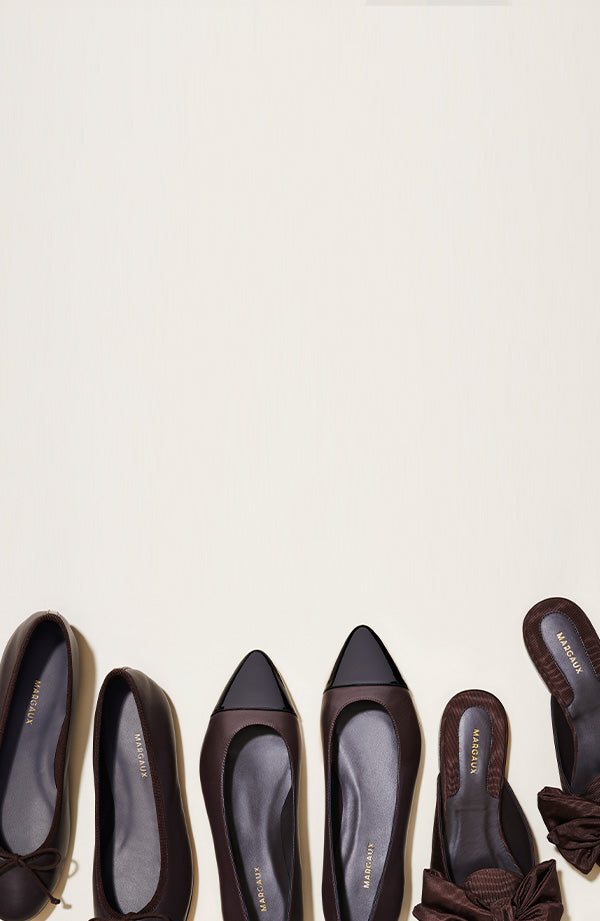 The Pointe in Espresso Cap-toe, The Demi in Espresso Nappa and The Mule in Espresso Moire