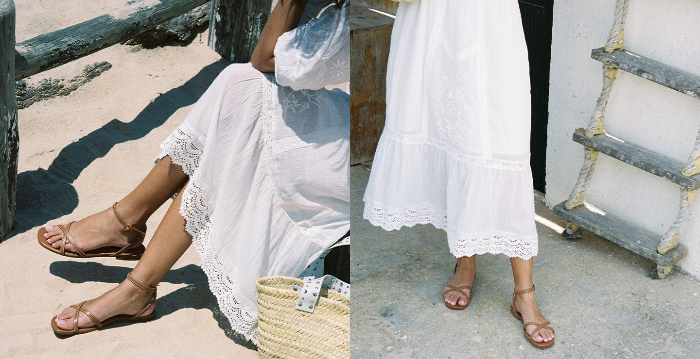 Two images of a person wearing a white dress with lace details and saddle flat sandals, sitting on a sandy surface and a stone floor.