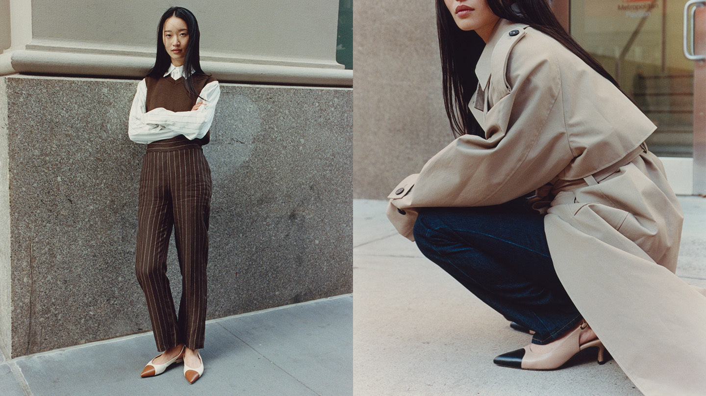 Two fashion images of a woman in different outfits against urban backgrounds.