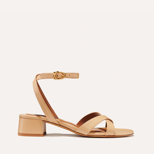 Margaux's classic Lena Sandal in neutral dune nappa leather with comfortable straps and a lower walkable block heel