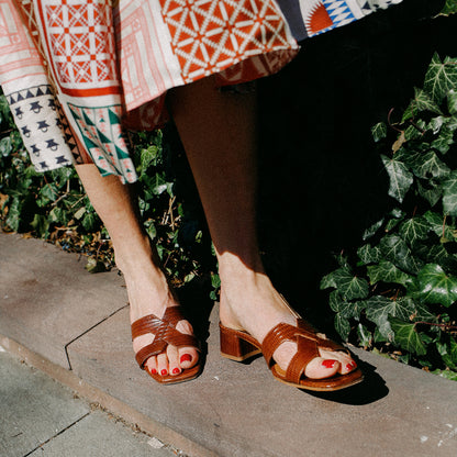 The MX 35 in Brown Lizard, a slip-on sandal with structured straps, a subtly square toe and a comfortable 1.5-inch block heel.