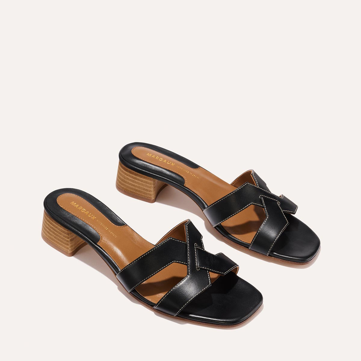 Margaux's classic and comfortable MX 35 Sandal, made in Spain from black Italian calf leather with a walkable 1" block heel.