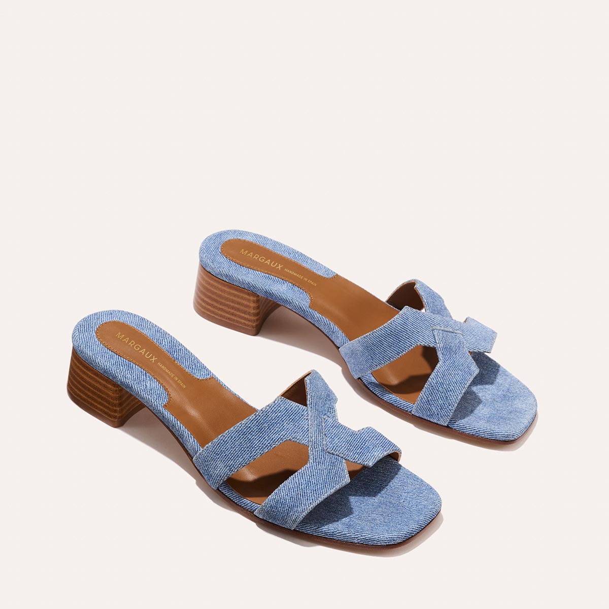 Margaux's classic and comfortable MX 35 Sandal, made in Spain from denim blue Italian suede leather with a walkable block heel