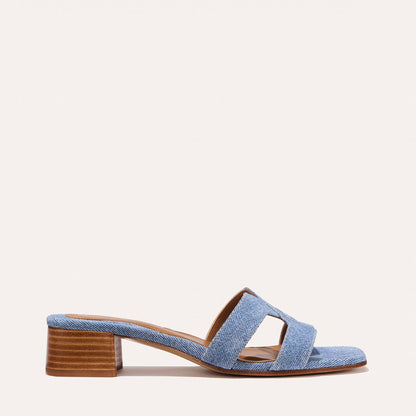 Margaux's classic and comfortable MX 35 Sandal, made in Spain from denim blue Italian suede leather with a walkable block heel