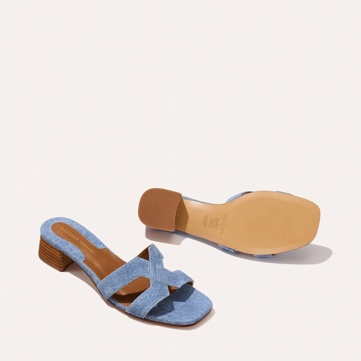 Margaux's classic and comfortable MX 35 Sandal, made in Spain from denim blue Italian suede leather with a walkable block heel