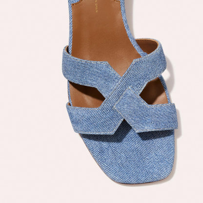 Margaux's classic and comfortable MX 35 Sandal, made in Spain from denim blue Italian suede leather with a walkable block heel