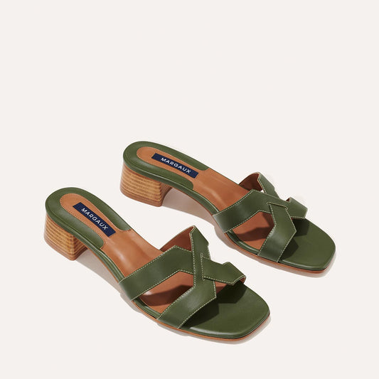 Margaux's classic and comfortable MX 35 Sandal, made in Spain from olive green Italian calf leather with a walkable block heel