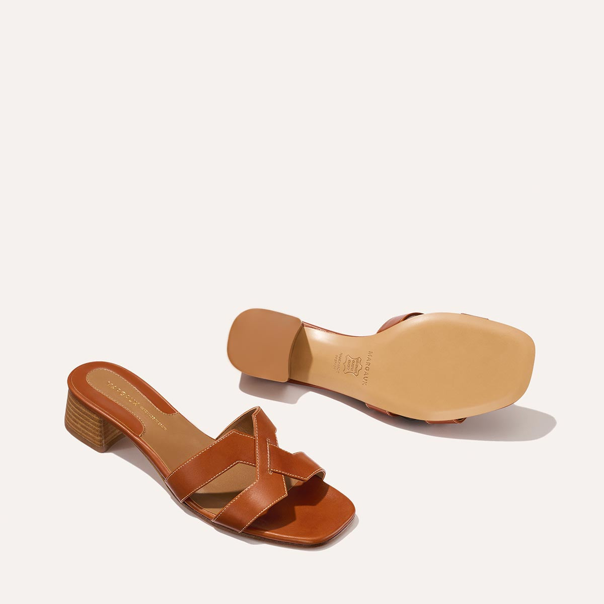 Margaux's classic and comfortable MX 35 Sandal, made in Spain from saddle Italian calf leather with a walkable 1" block heel.