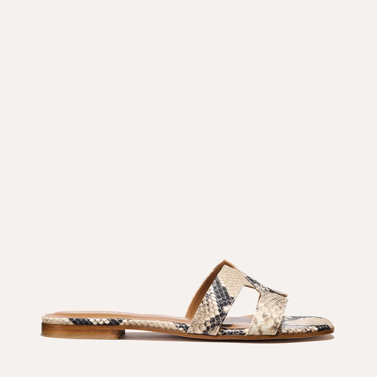 The MX Sandal in Natural Python Embossed, a slip-on sandal featuring embossed Italian leather with structured straps and a subtly square toe.