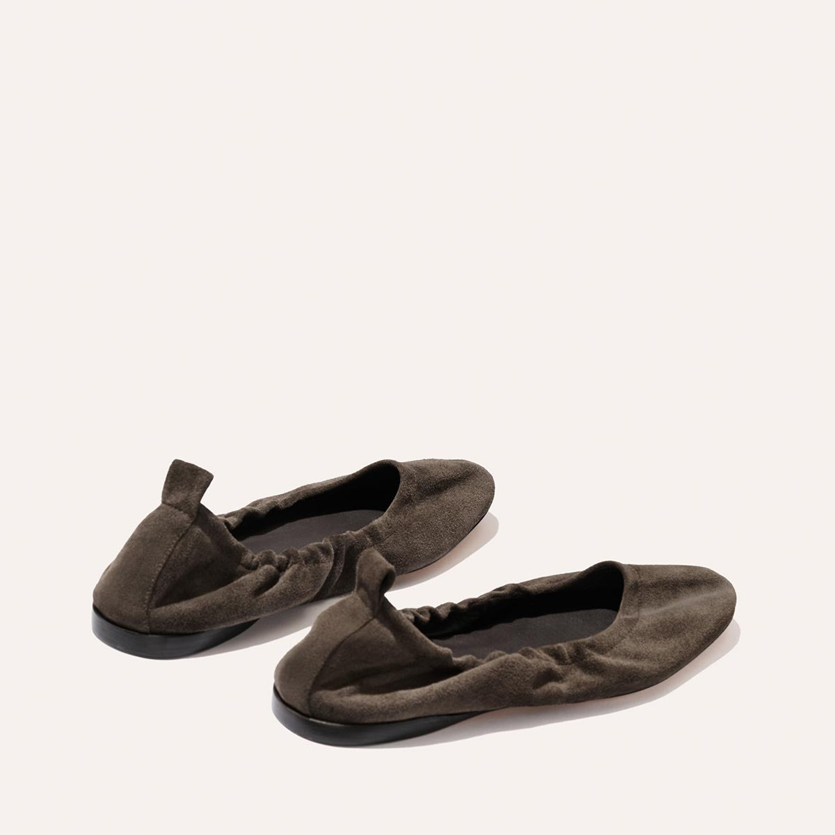 The Pascale - English Brown Suede deconstructed ballet flats in dark brown suede, featuring an elasticated back, elasticized collars, and pull tabs.