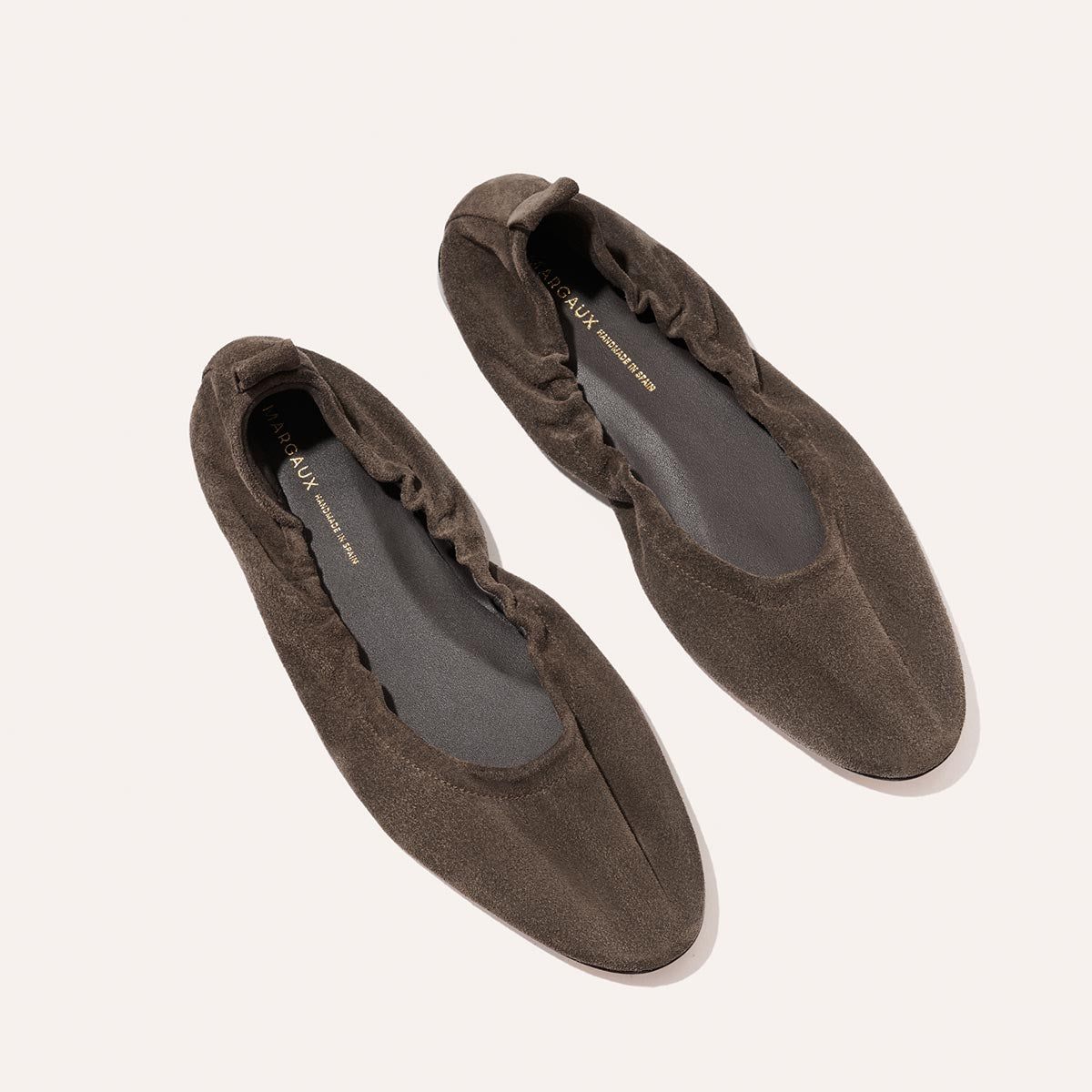 The Pascale - English Brown Suede ballet flats in supple brown suede with ruched collars and an elasticated back.