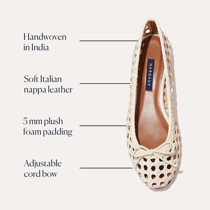 The Demi - Ecru Woven by margaux-development is a cream-colored woven leather ballet flat featuring soft Italian nappa leather, handmade in Spain, 5mm plush foam padding, and an adjustable cord bow.