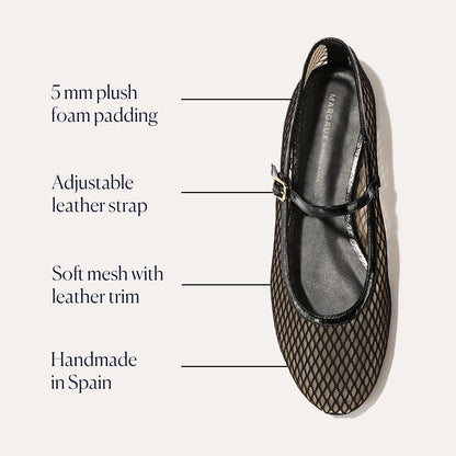 The Demi Jane - Black Fishnet by margaux-development is a black mesh ballet flat with leather trim, a Mary Jane buckle strap, 5mm plush foam padding, labeled accents, and Handmade in Spain details on the shoe.
