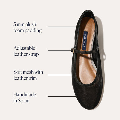 The Demi Jane - Black Mesh by margaux-development is a black Mary Jane flat featuring soft mesh with leather trim, an adjustable strap, 5mm plush foam padding, and is handmade in Spain. The insole tag reads MARGAUX.