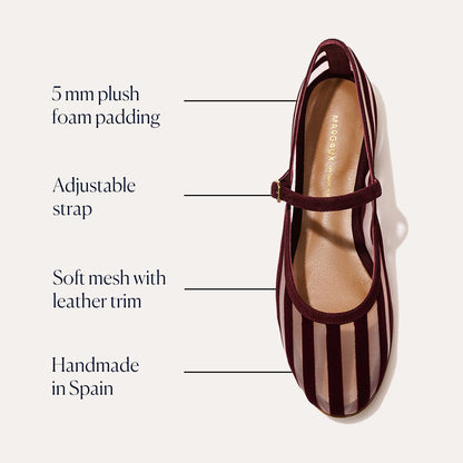 The Demi Jane - Burgundy Striped Mesh by margaux-development features a burgundy and beige stripe, 5 mm plush foam padding, adjustable strap, soft mesh with leather trim, and is handmade in Spain for refined femininity.