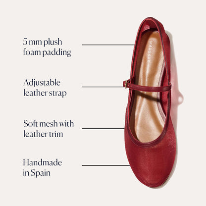 The Demi Jane - Crimson Mesh by margaux-development is a red Mary Jane featuring 5 mm plush foam padding, an adjustable leather strap, soft mesh with leather trim, and expert handmade craftsmanship in Spain.
