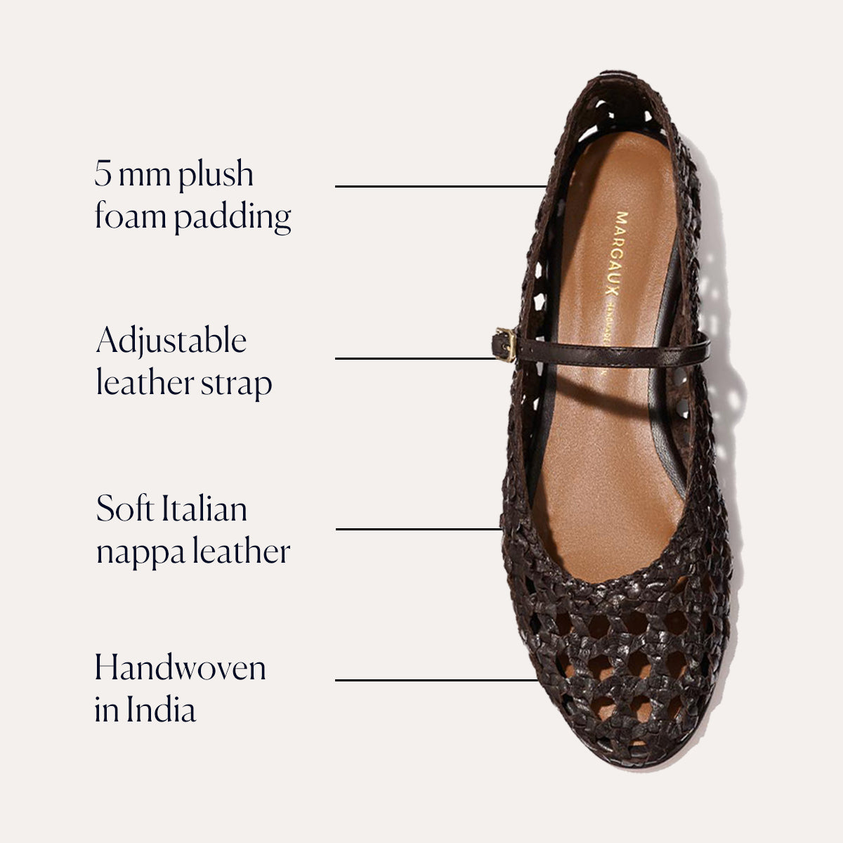 The Demi Jane - Espresso Woven Leather by margaux-development is a dark brown handwoven Mary Jane flat from India, featuring soft Italian nappa leather, an adjustable leather strap, and 5 mm plush foam cushioning for comfort.