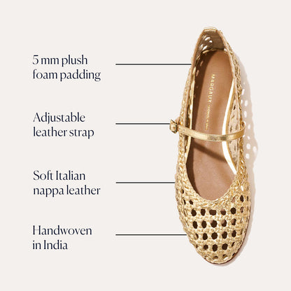 The Demi Jane - Gold Woven Leather from margaux-development is a Mary Jane flat shown from above, featuring 5mm plush foam padding, an adjustable leather strap, soft Italian nappa leather, and handwoven craftsmanship in India.