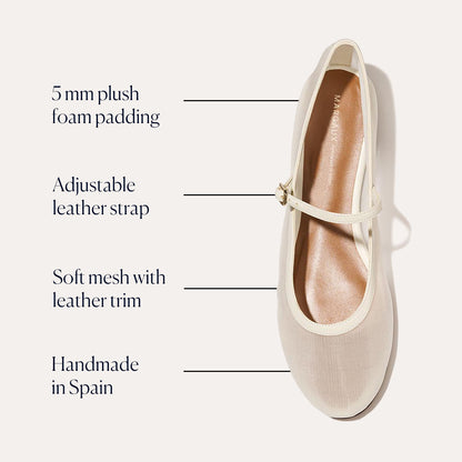 The Demi Jane - Ivory Mesh by margaux-development is a cream flat handmade in Spain, with 5 mm plush foam padding, an adjustable leather strap, soft mesh with leather trim—ideal for showcasing elegant femininity.