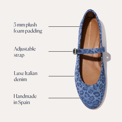 The Demi Jane - Leopard Denim by margaux-development is a Mary Jane flat in luxe Italian denim with an adjustable strap, 5mm plush foam padding, and handmade in Spain. Text labels highlight each feature on the shoe.
