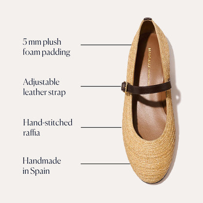 Top view of The Demi Jane - Natural Raffia by margaux-development: a beige raffia Mary Jane flat with a brown adjustable leather strap, 5 mm foam padding, hand-stitched raffia, and handmade in Spain—elegant and feminine.