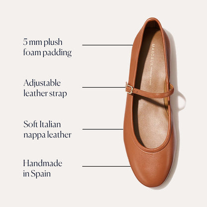 The Demi Jane - Saddle Nappa by margaux-development: brown leather Mary Jane ballet flat featuring 5mm plush foam padding, an adjustable leather strap, soft Italian nappa leather, and handmade in Spain for elegant femininity.
