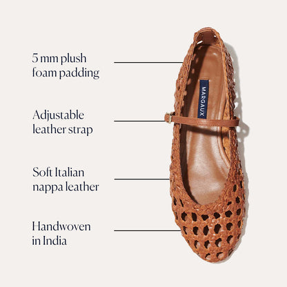 The Demi Jane - Saddle Woven Leather by margaux-development is a brown Mary Jane flat crafted from handwoven Italian nappa leather, featuring a cushioned 5mm foam insole, adjustable strap, and expertly made in India.
