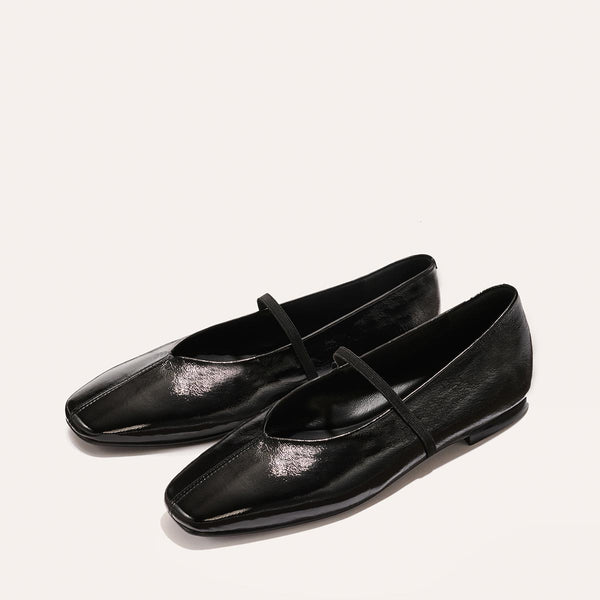 Black Mary Jane Flats With Black Crinkle-Gloss Nappa Finish – Margaux