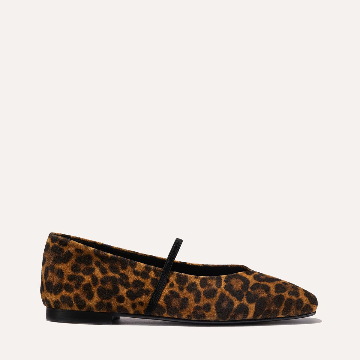 The Phoebe in luxe Leopard Suede, a ballet flat with a squared off toe, high vamp and elastic Mary Jane strap.