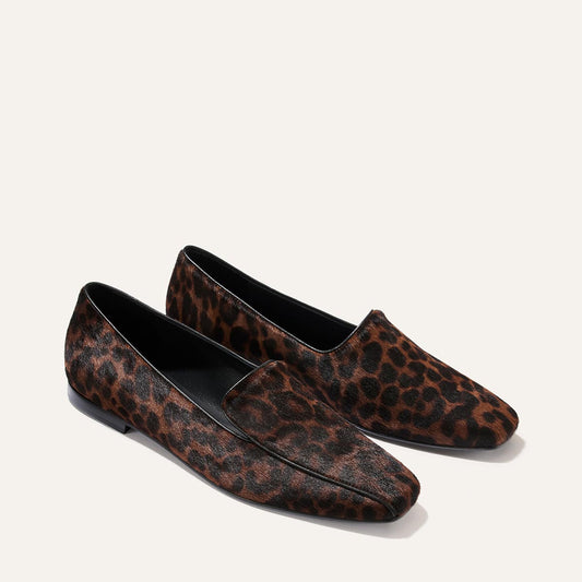 Pair of The Portia Loafer - Chocolate Leopard Haircalf loafers with square toes.