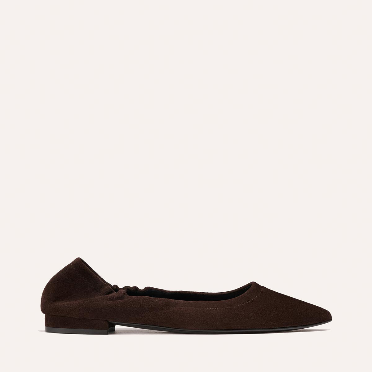The Roma - Espresso Suede by Margaux: a single brown suede pointed-toe ballet flat with a low heel, displayed in side profile against a plain light background.