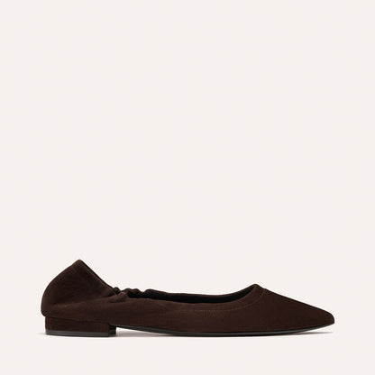 The Roma - Espresso Suede by Margaux: a single brown suede pointed-toe ballet flat with a low heel, displayed in side profile against a plain light background.