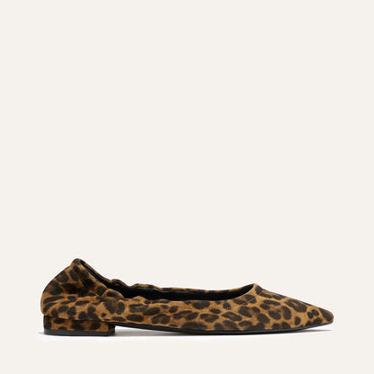 The Roma - Leopard Suede by Margaux is a brown and black leopard print pointed-toe ballet flat with a softly ruched edge and low heel, shown against a simple light background.