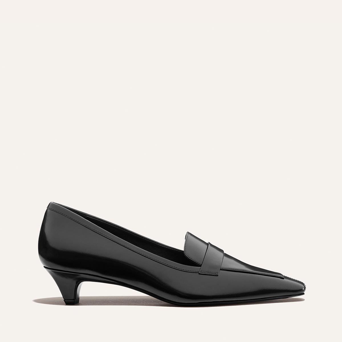 The Sigrid - Black Calf leather loafer with a low kitten heel and a squared toe.