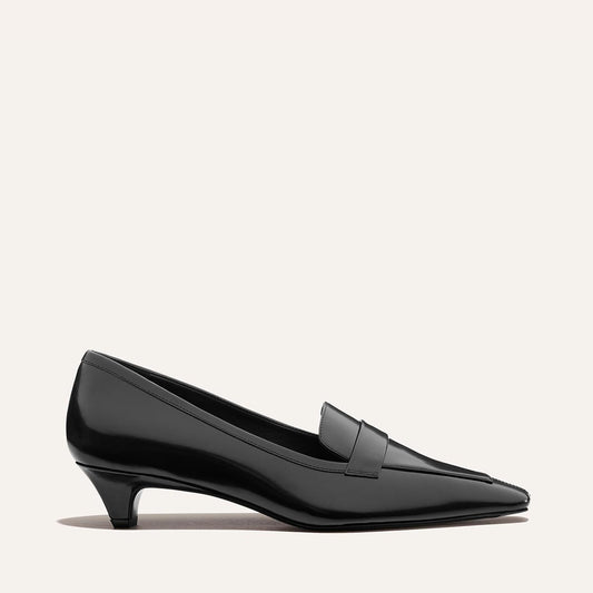 The Sigrid - Black Calf leather loafer with a low kitten heel and a squared toe.