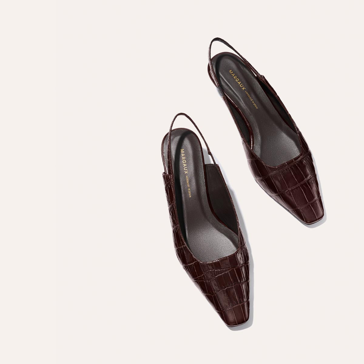 Margaux's Sofia Sling in Espresso Croc Embossed: dark brown, crocodile-embossed leather slingback flats with snip nose and pointed square toes, shown on a light background.